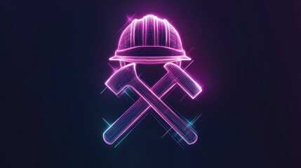Obraz premium A minimalist animated icon of a mining helmet and crossed tools, with glowing line effects on a transparent background