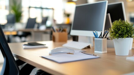 Books neatly arranged on a table in a warm, professional office setting