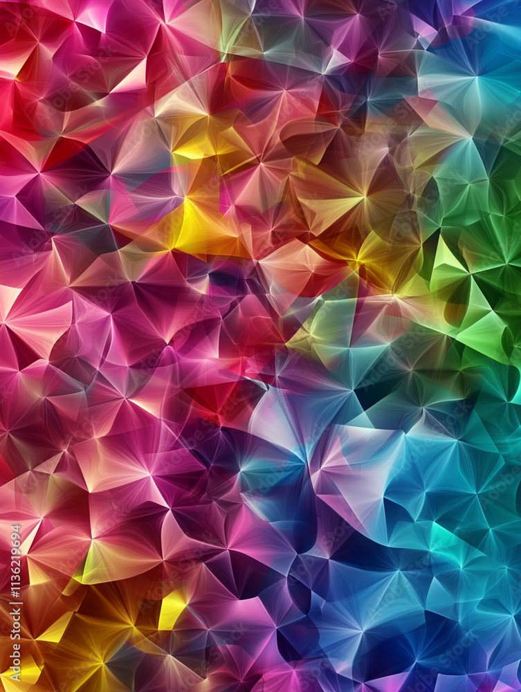 Poster vibrant abstract geometric background with multicolored shapes and dynamic light effects creating a 