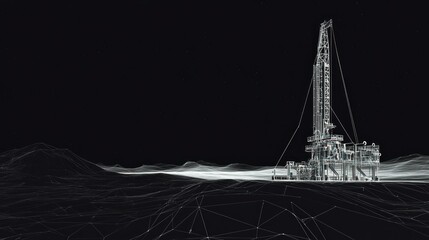 A motion graphic of a drilling rig in a coal pit, with rotating drill bits and minimalist line animation on a transparent background