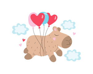 Funny happy cartoon capybara with balloons flies in the clouds. Animal, holiday, birthday, Valentine's Day. Heart shape.