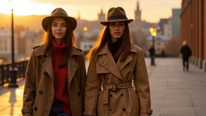 Fototapeta premium High-end autumn wear: models displaying chic trench coats, layered sweaters, and accessories like felt hats, against a backdrop of city streets at sunset