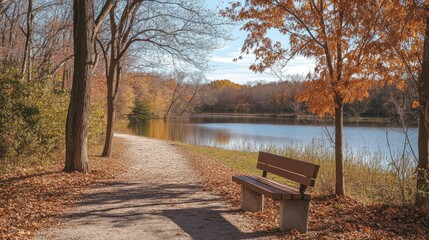 A serene path through an autumn park, lined with trees full of orange leaves, leading to an inviting wooden bench overlooking a calm lake.