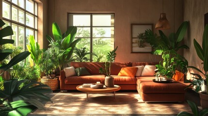 modern living room with cozy furniture, natural lighting, and indoor plants, warm and inviting ambiance