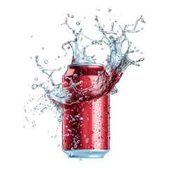 A mockup of a flying soda can surrounded by dynamic water splashes, isolated on a transparent background, ideal for beverage or advertising designs.