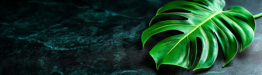 Vibrant green monstera leaf isolated on dark textured background for interior decor.