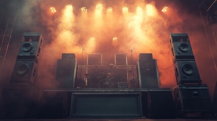 A stage setup for a rock concert, featuring massive speakers, lights, and fog machines.