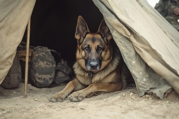Loyal Companion German Shepherd Dog Resting Peacefully at Tent Entrance in Military Encampment