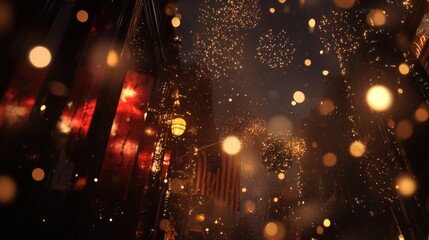 Naklejka premium A stunning scene with the American flag, fireworks lighting the night sky, and soft bokeh lights enhancing the festive atmosphere.
