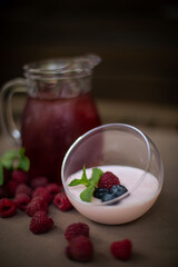 dessert against a carafe of lemonade on a summer table outside