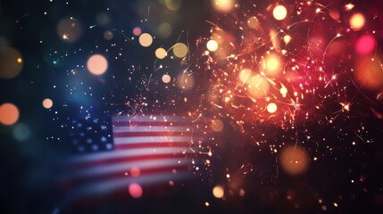 Obraz premium A stunning night scene of the American flag surrounded by colorful fireworks, with bokeh lights adding an abstract, magical effect.