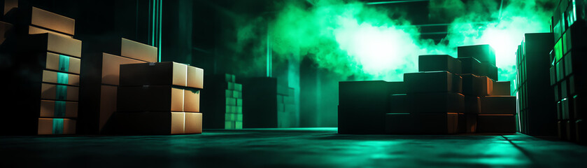 Naklejka premium Mysterious warehouse with green smoke and stacked boxes creating a dramatic atmosphere.