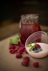 dessert against a carafe of lemonade on a summer table outside