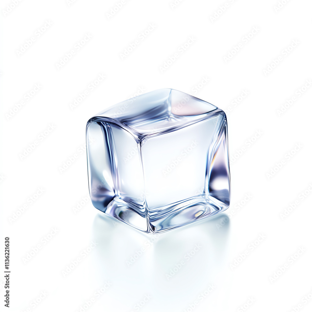 Poster a single clear ice cube on a reflective surface, showcasing its purity and shape.