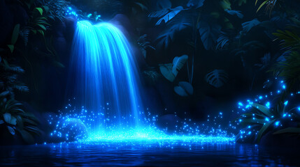 A stunning waterfall illuminated by glowing blue lights in a lush, tropical setting.