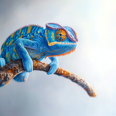 Obraz premium A vibrant blue chameleon perched on a branch, showcasing its stunning colors and details.