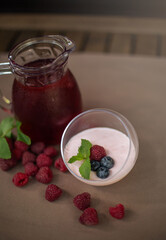 dessert against a carafe of lemonade on a summer table outside