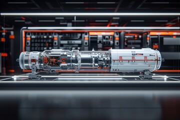 Intricate jet engine displayed in industrial environment, showcasing engineering mastery and design