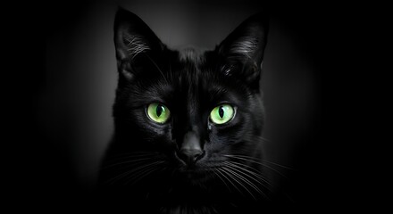 A mysterious black cat with glowing green eyes emerging from shadows.