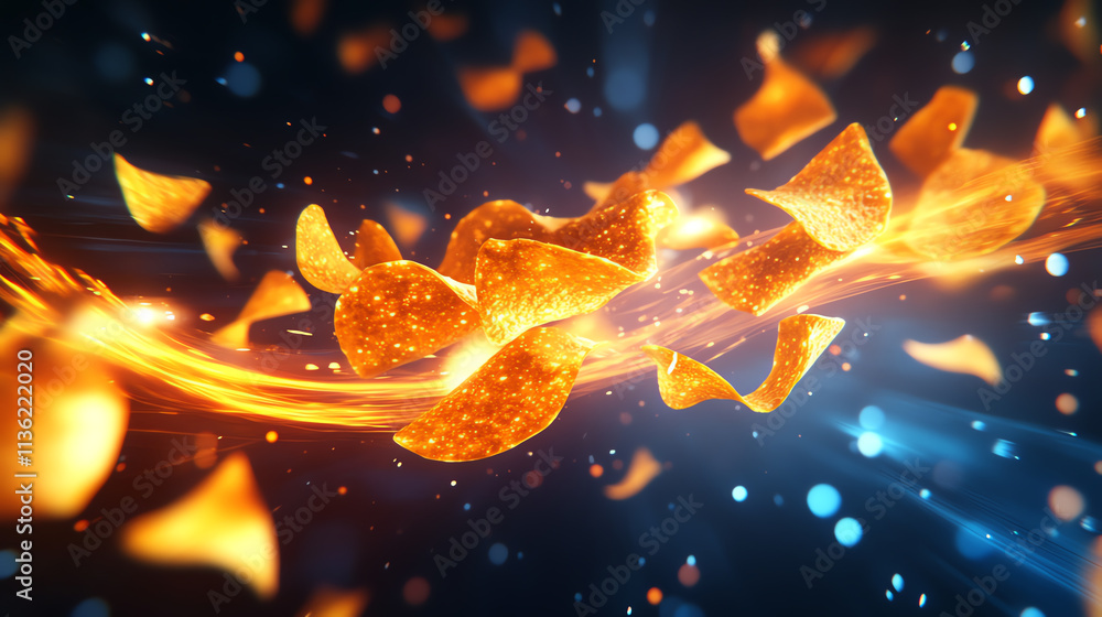 Poster dynamic swirl of golden particles on a dark background, creating a vibrant energy effect.