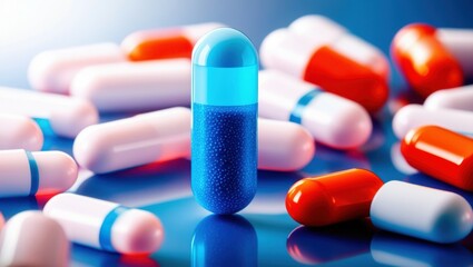 pharmaceutical pills, capsules, medicine, red and blue colors, close-up, macro photography, depth of field, scattered, healthcare, medical treatment, drug industry, high detail, sharp focus, vibrant c