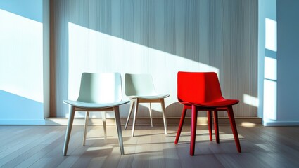Modern office interior, vibrant red chairs, sleek white table, minimalist design, sunlight casting shadows, polished floor, contemporary workspace, bright and airy, geometric furniture, corporate meet
