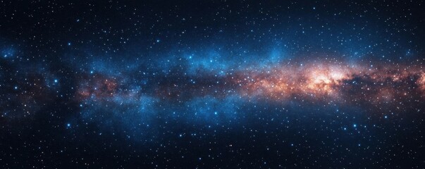 Obraz premium A stunning panoramic view of a galaxy, showcasing vibrant blues and fiery colors against a backdrop of countless stars.