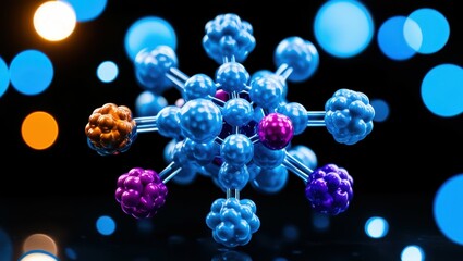 abstract molecular structure, vibrant glowing spheres, blue and orange orbs, interconnected atoms, dynamic 3D rendering, scientific visualization, neon colors, dark background, high contrast, microsco