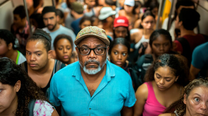 Crowd of commuters in subway, boring everyday life