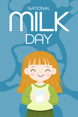 red-haired girl with freckles in green clothes with a glass of milk on national milk day