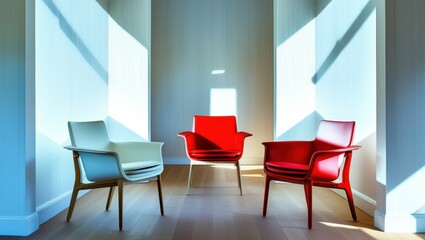 Modern office interior, vibrant red chairs, sleek white table, minimalist design, sunlight casting shadows, polished floor, contemporary workspace, bright and airy, geometric furniture, corporate meet