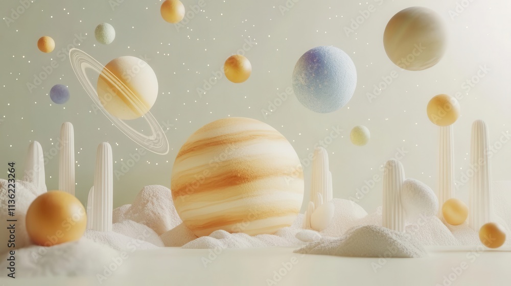 Poster a whimsical depiction of colorful planets floating in a dreamy landscape, surrounded by soft clouds 