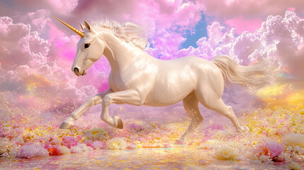Naklejka premium Pink unicorn in dream-like pinkish meadow