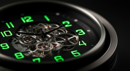 A high-tech black and silver mechanical clock with glowing green numbers, minimalistic style.