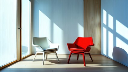 Fototapeta premium Modern office interior, vibrant red chairs, sleek white table, minimalist design, sunlight casting shadows, polished floor, contemporary workspace, bright and airy, geometric furniture, corporate meet