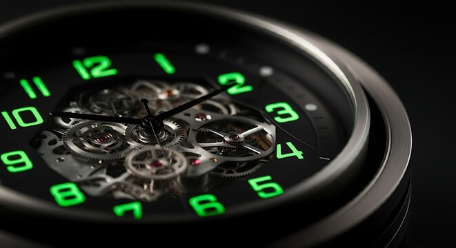 A high-tech black and silver mechanical clock with glowing green numbers, minimalistic style.