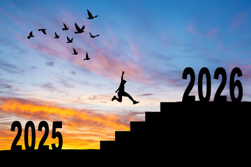 2025 2026 on the upward staircase and the concept of starting in the new year. New beginning concept.