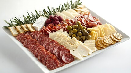 A beautifully arranged appetizer platter featuring  meats, cheese and nuts
