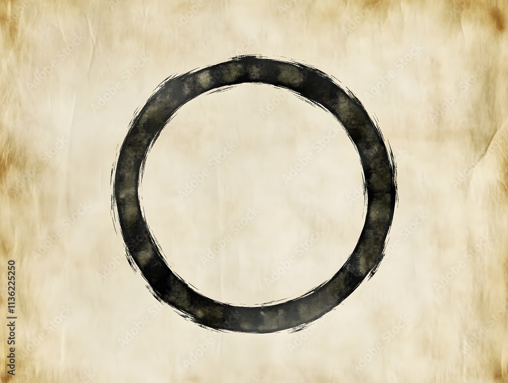 Poster a simple black circle on a textured beige background, symbolizing unity or completeness.