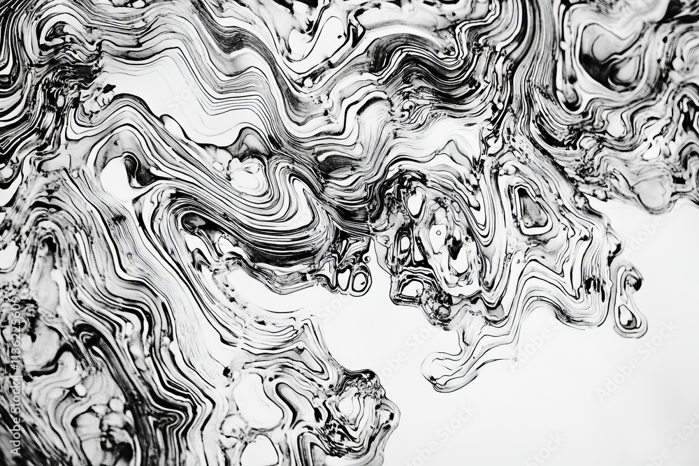 Poster intricate patterns of pen ink washes creating dynamic black and white textures on a smooth surface