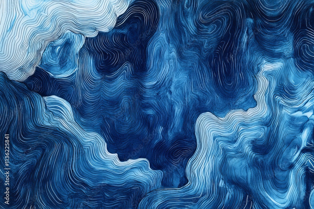 Poster intricate pen ink wash texture showcasing deep blue and white variations with fluid line patterns an
