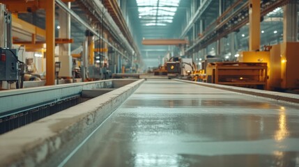 The automated production line of concrete slabs, with machines pouring, forming, and curing slabs in a large plant.
