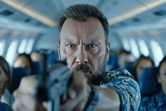 Hostage situation  armed man in camouflage uniform holds captives inside airplane cabin