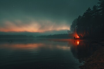 Tranquil camping scene by a serene lake at dusk with a person by a glowing tent under stars