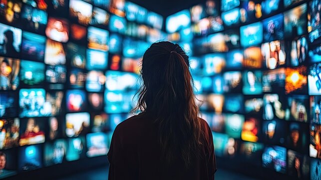 Individual engages with an extensive digital library filled with numerous media thumbnails for streaming and online consumption