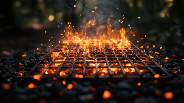 Blurred barbecue grill with glowing embers in the foreground for a summer cooking theme