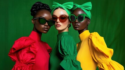 Three models showcasing red, green, and yellow dresses, sunglasses, and Balenciaga headbands, with a bold green background for a striking fashion look.
