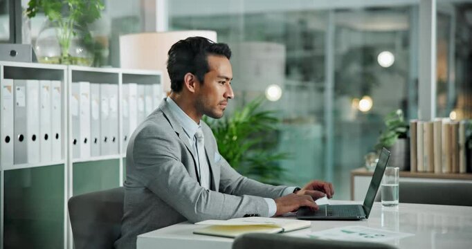 Finance, laptop and typing with business man at desk in office to update online account or report. Administration, data analysis and notebook with financial employee at work for information storage