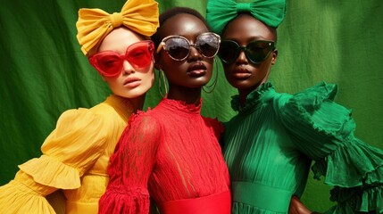 Three vibrant fashion models in red, green, and yellow dresses, paired with sunglasses and Balenciaga headbands, posing confidently against a green backdrop.