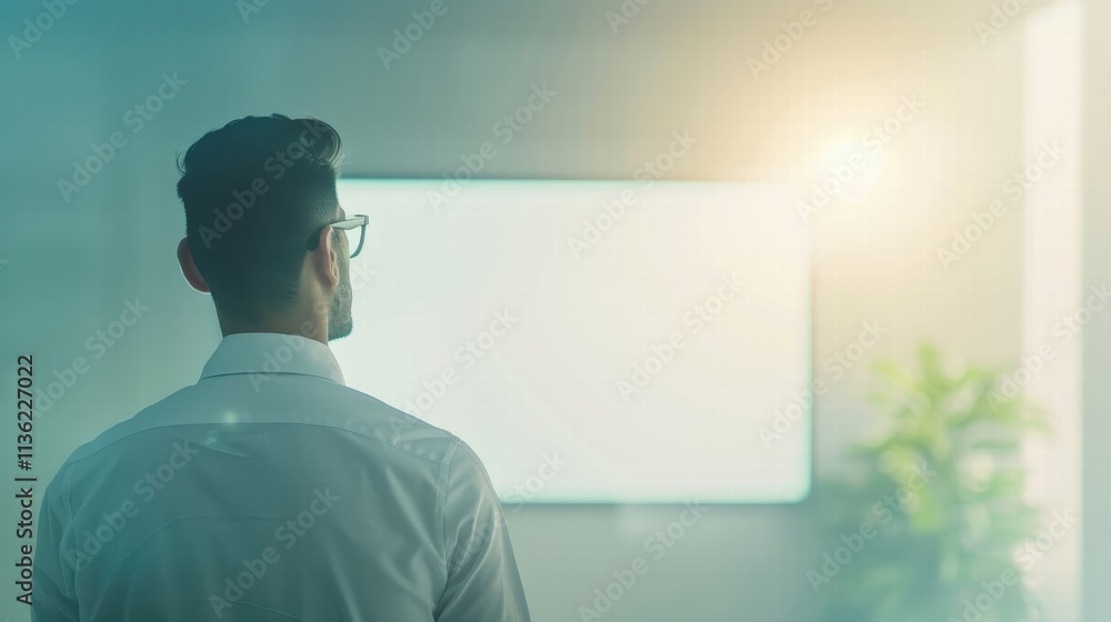 Poster man observing a blank screen with soft lighting.